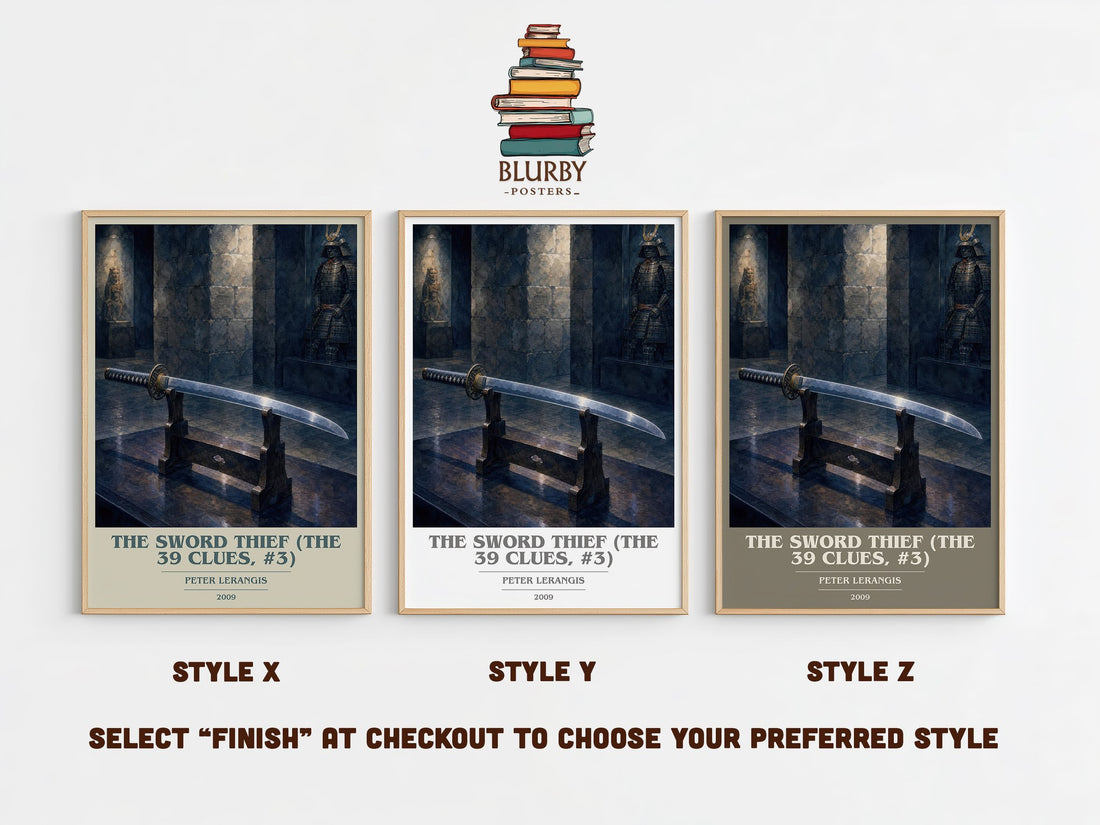 The Sword Thief (The 39 Clues, #3) book cover print in frame leaning in hallway – adventure wall art (mockup)