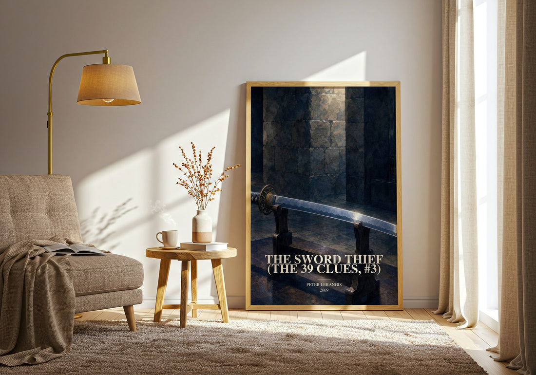 The Sword Thief (The 39 Clues, #3) watercolour print in frame leaning in hallway – adventure wall art