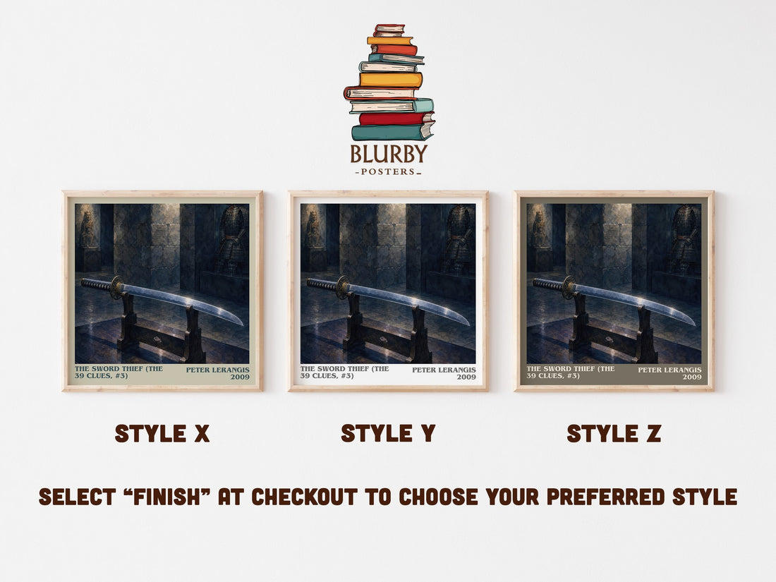 The Sword Thief (The 39 Clues, #3) literary print in frame leaning in hallway – adventure wall art (mockup)
