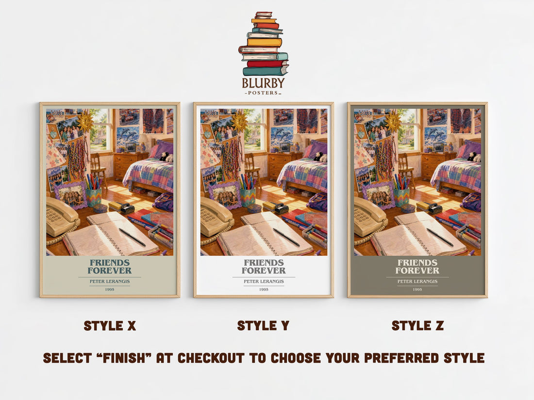 Friends Forever book cover print in frame leaning in hallway – young adult wall art (mockup)