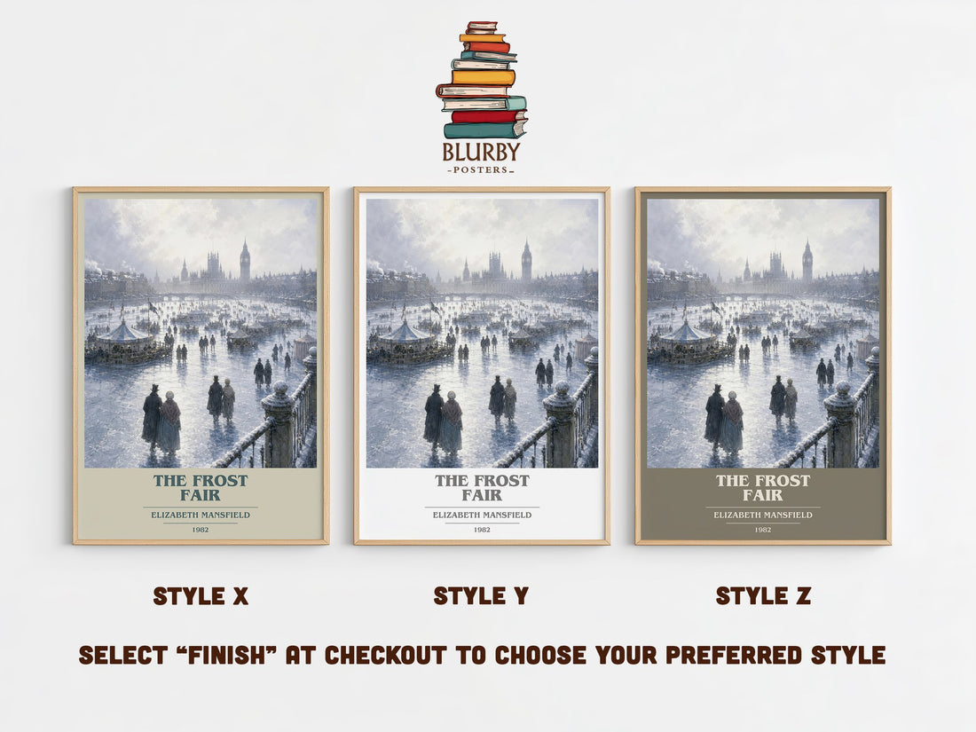 The Frost Fair book cover print in frame leaning in hallway – romance wall art (mockup)