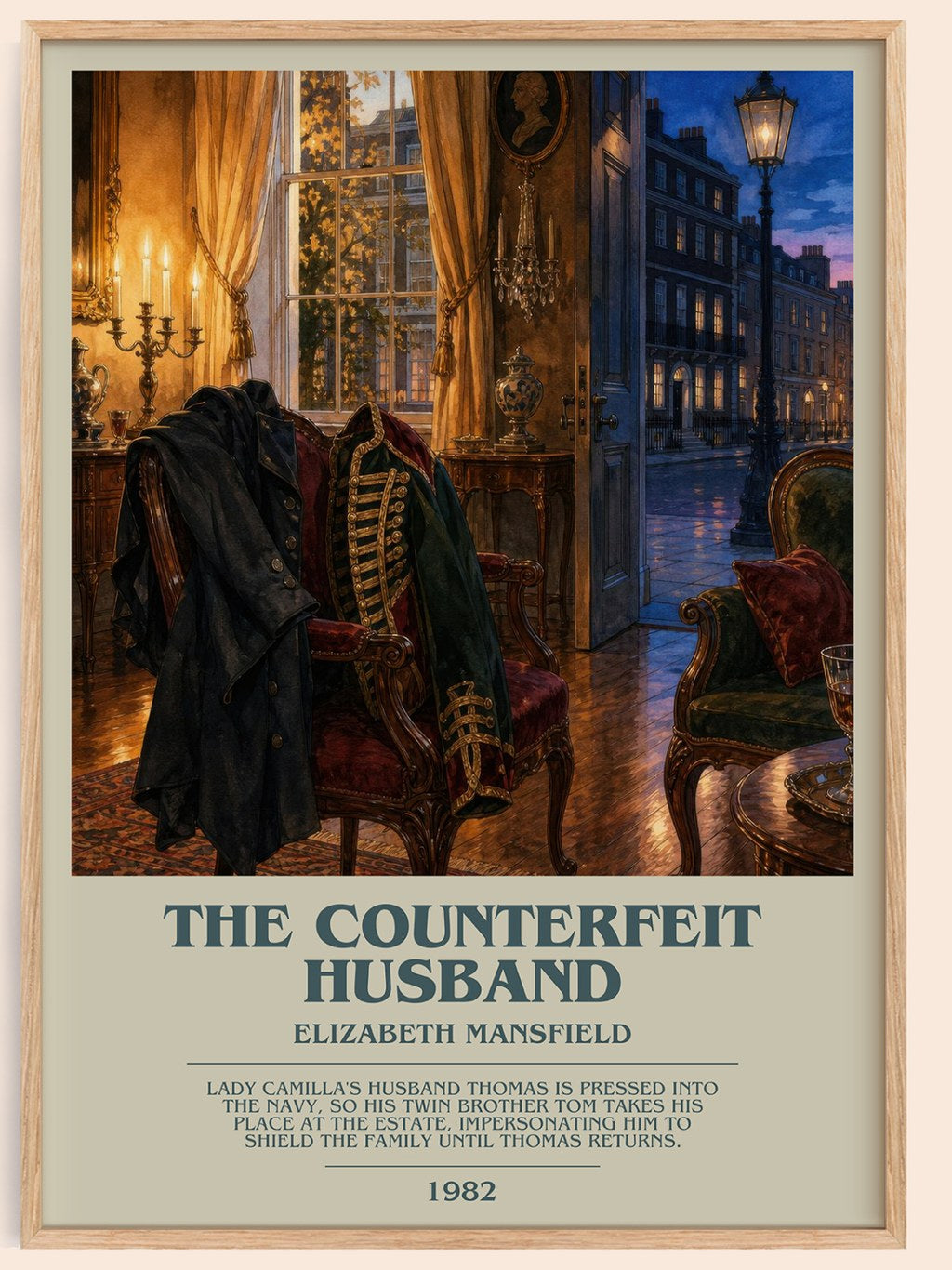 The Counterfeit Husband bookish book poster by Elizabeth Mansfield – framed literary art print