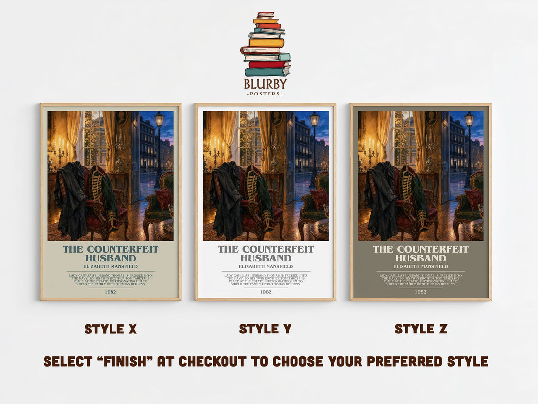 The Counterfeit Husband bookish print in frame leaning in hallway – romance wall art (mockup)