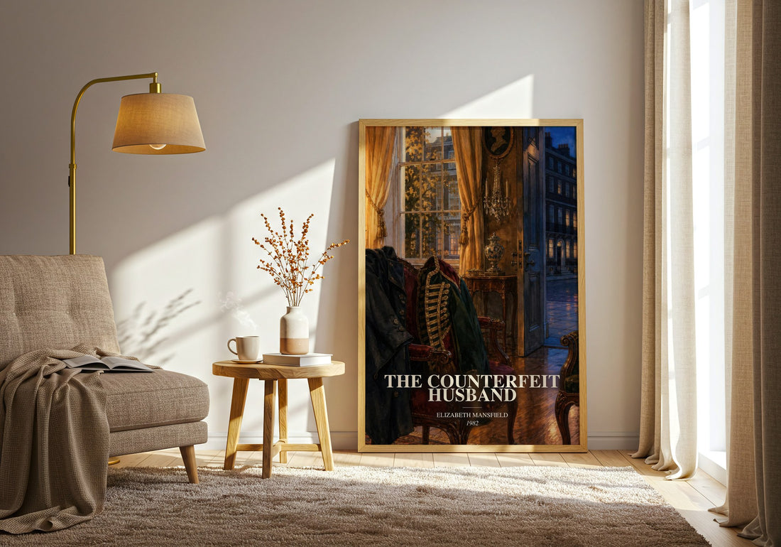 The Counterfeit Husband watercolour print in frame leaning in hallway – romance wall art