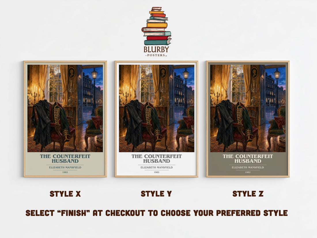 The Counterfeit Husband book cover print in frame leaning in hallway – romance wall art (mockup)
