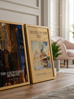 The Counterfeit Husband watercolour print framed by window – literary home decor