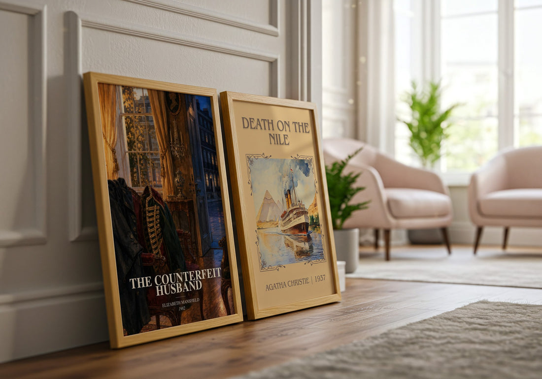The Counterfeit Husband watercolour print framed by window – literary home decor