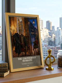 The Counterfeit Husband book cover print framed by window – literary home decor