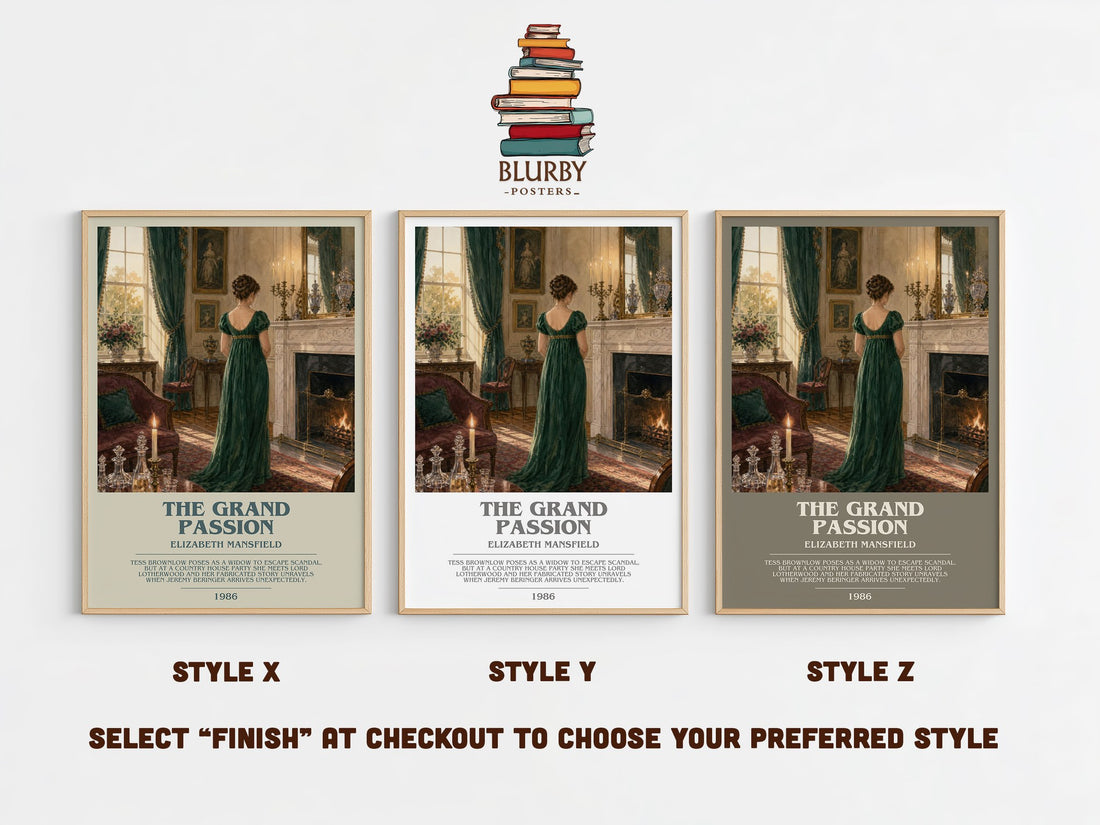 The Grand Passion bookish print in frame leaning in hallway – romance wall art (mockup)