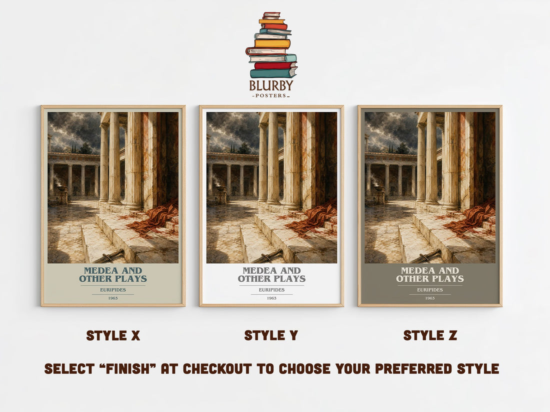 Medea and other plays book cover print in frame leaning in hallway – classic literature wall art (mockup)