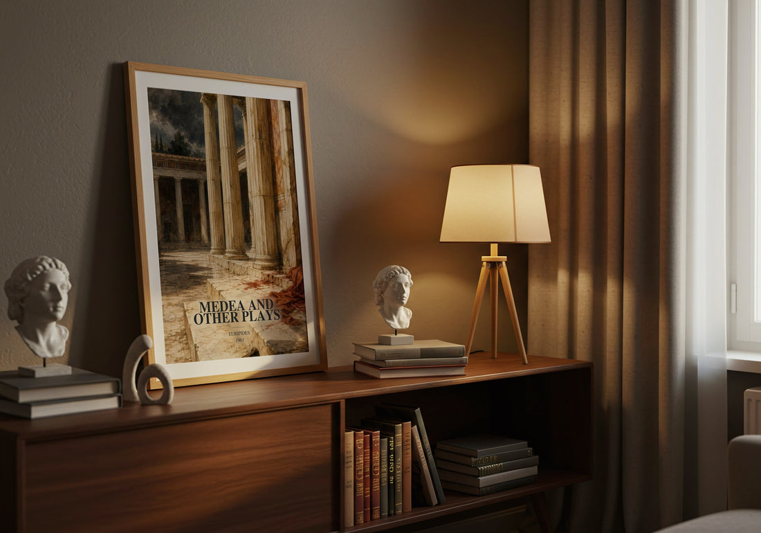 Medea and other plays watercolour print on bookshelf – Euripides fan gift