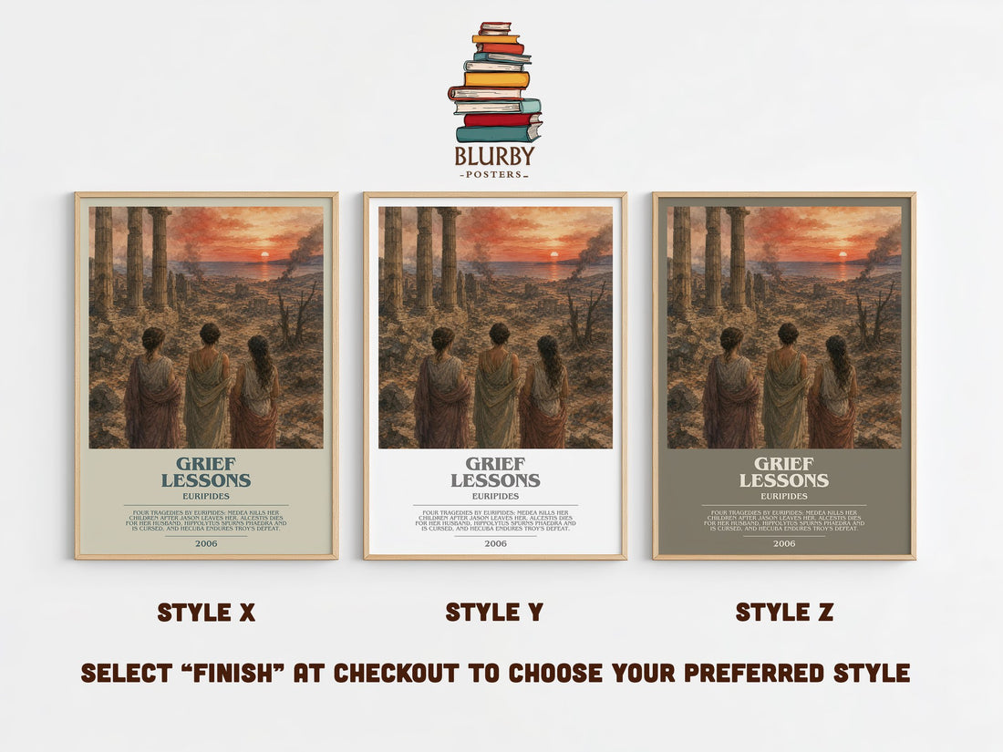 Grief Lessons bookish print in frame leaning in hallway – classic literature wall art (mockup)