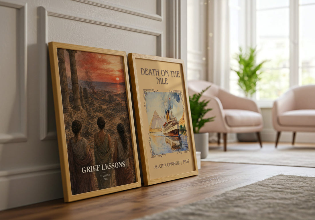 Grief Lessons watercolour print framed by window – literary home decor