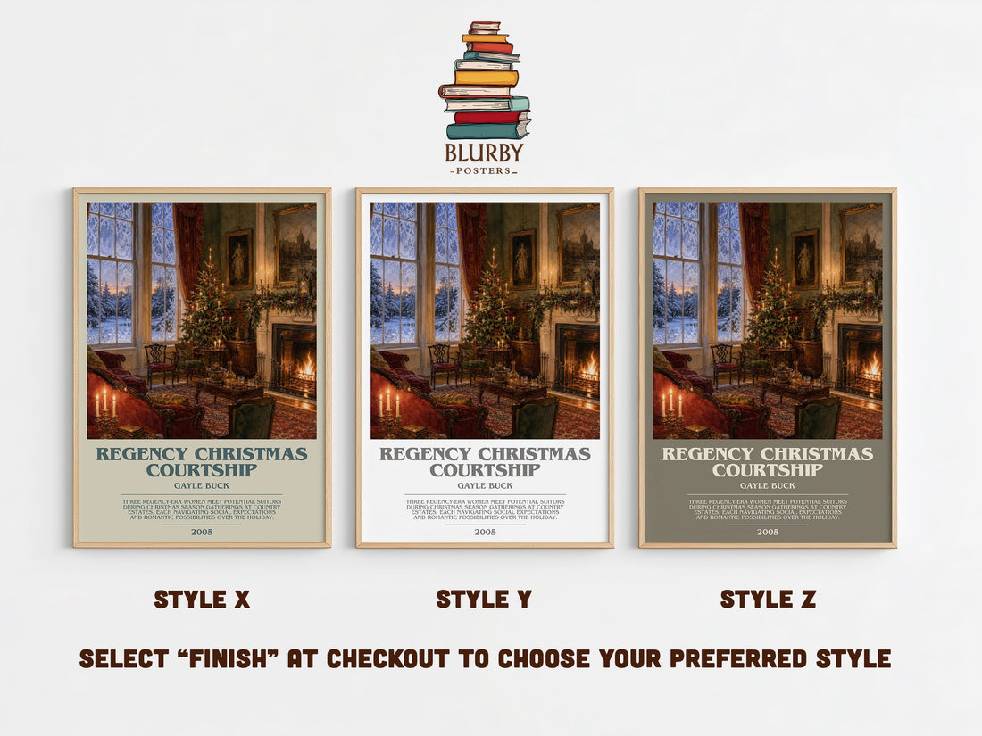 Regency Christmas Courtship bookish print in frame leaning in hallway – romance wall art (mockup)