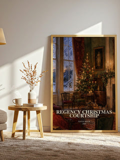 Regency Christmas Courtship watercolour print in frame leaning in hallway – romance wall art