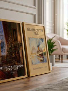 Regency Christmas Courtship watercolour print framed by window – literary home decor