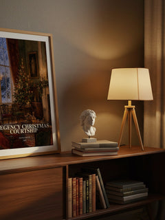 Regency Christmas Courtship watercolour print on bookshelf – Gayle Buck fan gift