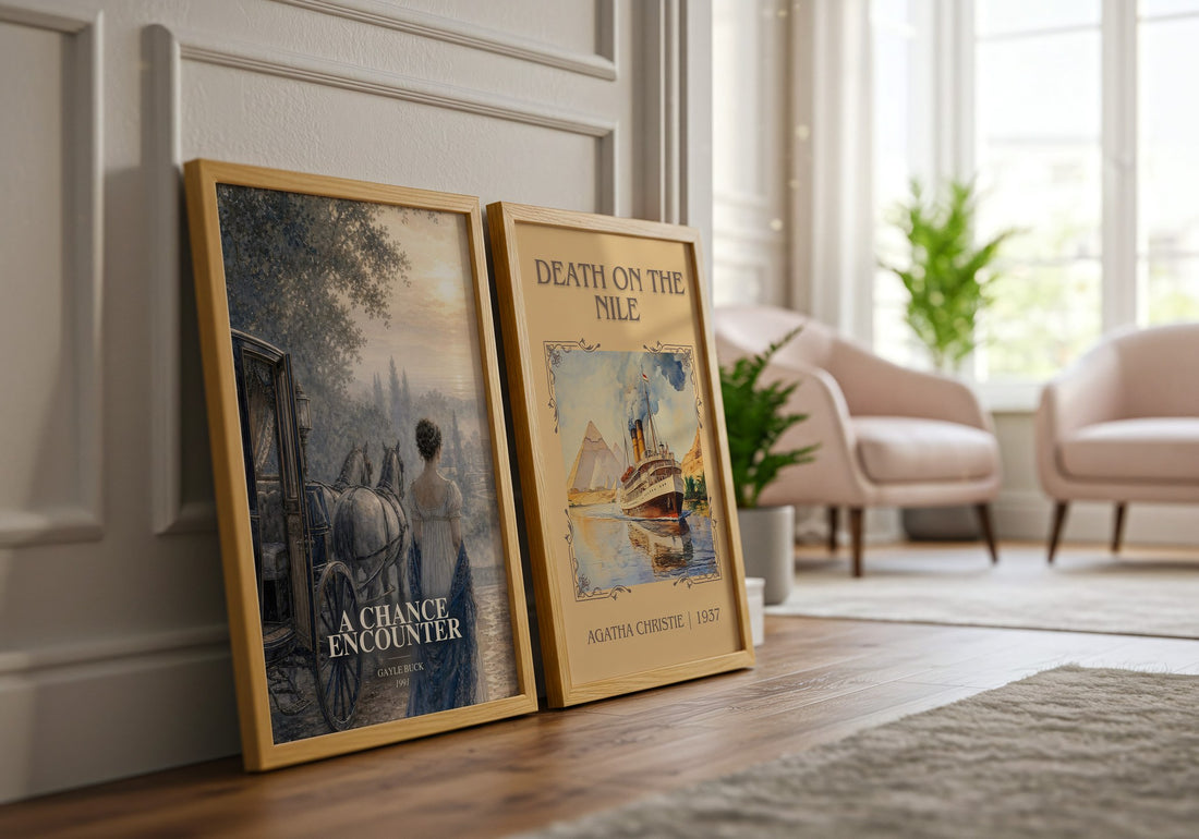 A Chance Encounter watercolour print framed by window – literary home decor