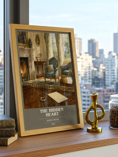The Hidden Heart book cover print framed by window – literary home decor