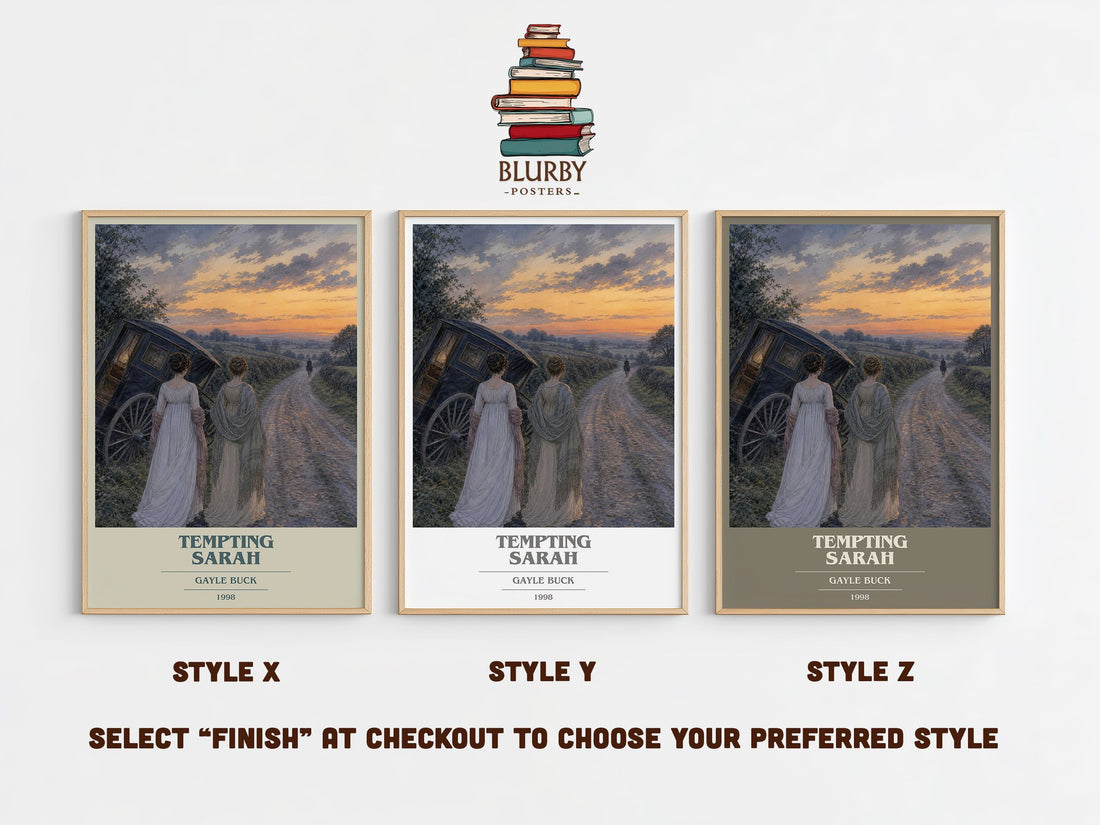 Tempting Sarah book cover print in frame leaning in hallway – romance wall art (mockup)