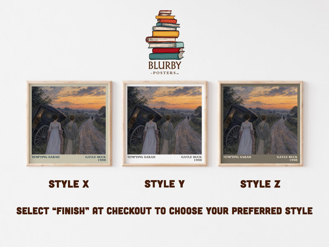 Tempting Sarah literary print in frame leaning in hallway – romance wall art (mockup)