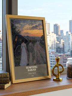 Tempting Sarah Book Cover Poster by Gayle Buck – framed print on a city-view windowsill