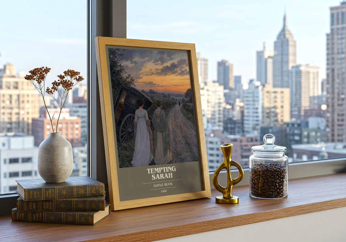 Tempting Sarah Book Cover Poster by Gayle Buck – framed print on a city-view windowsill