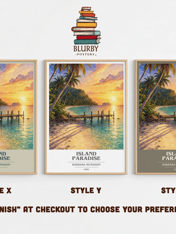 Island Paradise book cover print in frame leaning in hallway – romance wall art