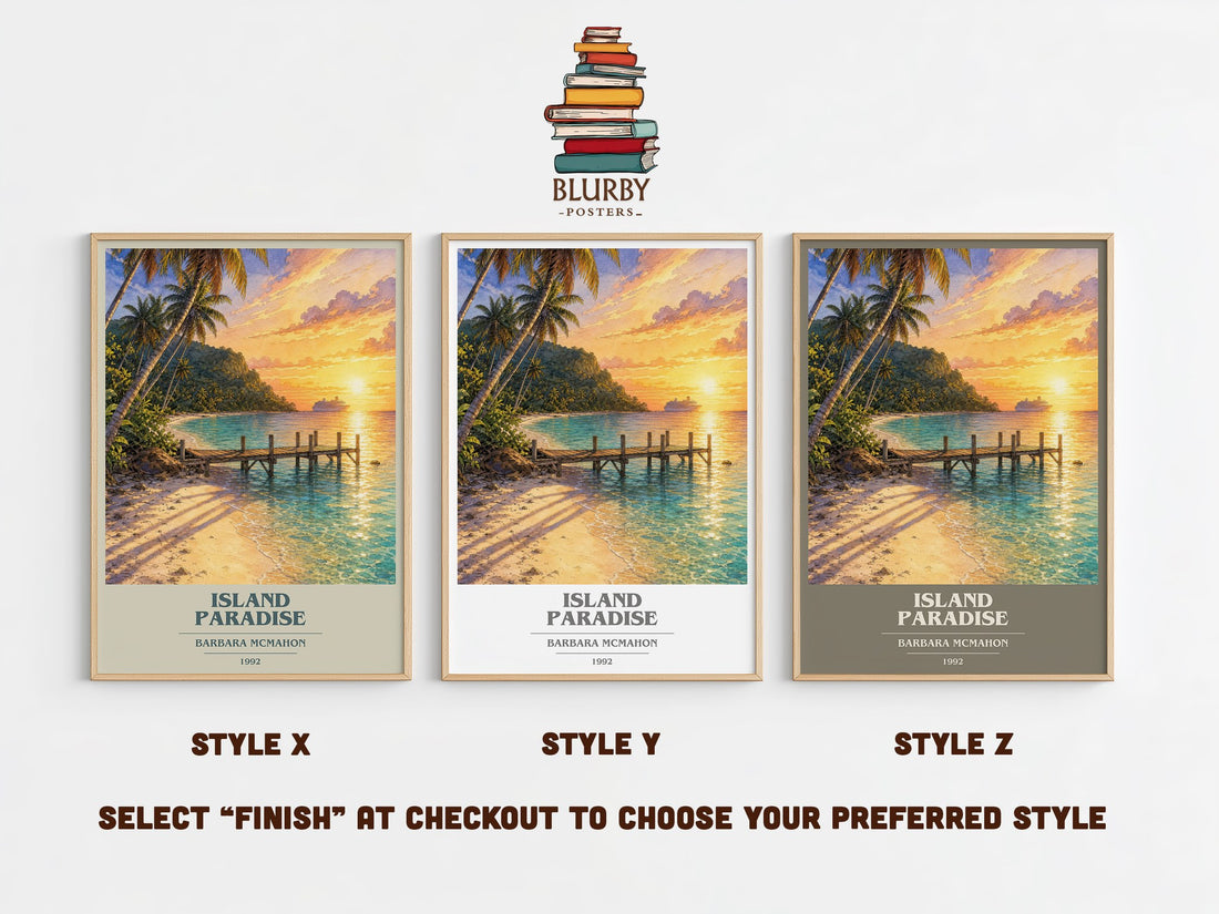 Island Paradise book cover print in frame leaning in hallway – romance wall art (mockup)