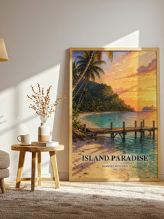 Island Paradise watercolour print in frame leaning in hallway – romance wall art