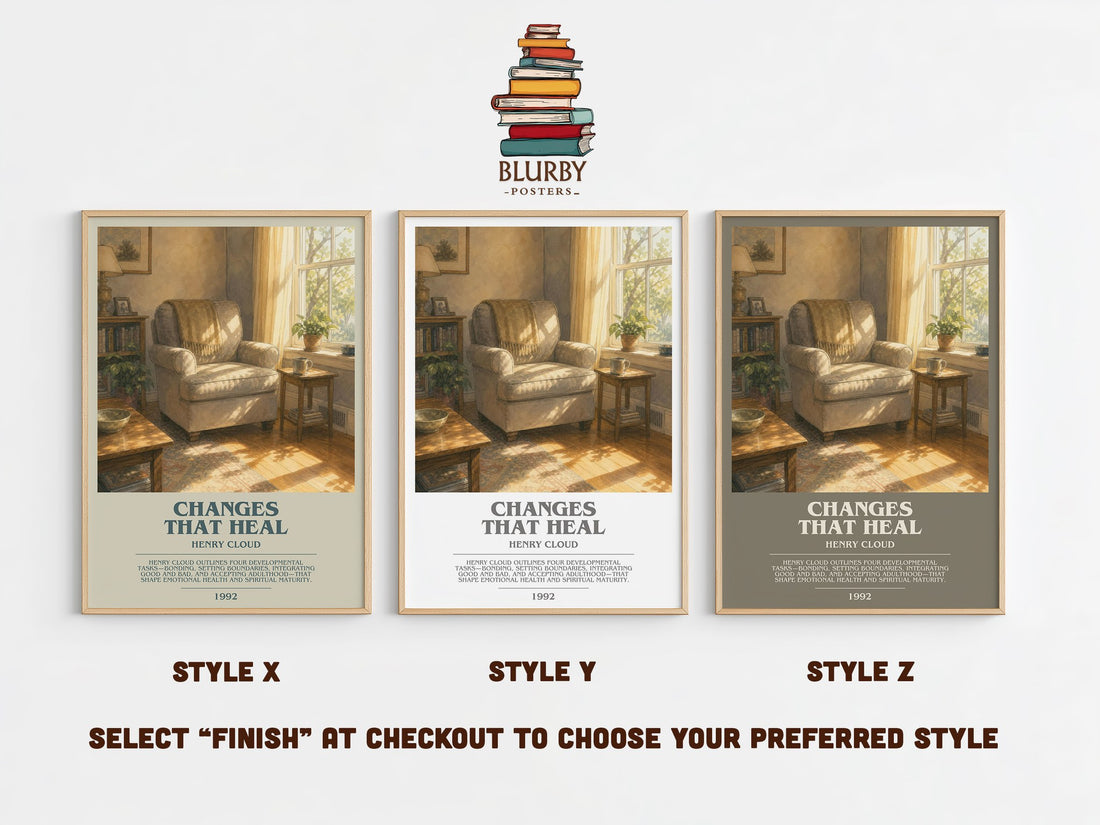 Changes That Heal bookish print in frame leaning in hallway – non fiction wall art (mockup)