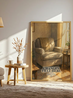 Changes That Heal watercolour print in frame leaning in hallway – non fiction wall art