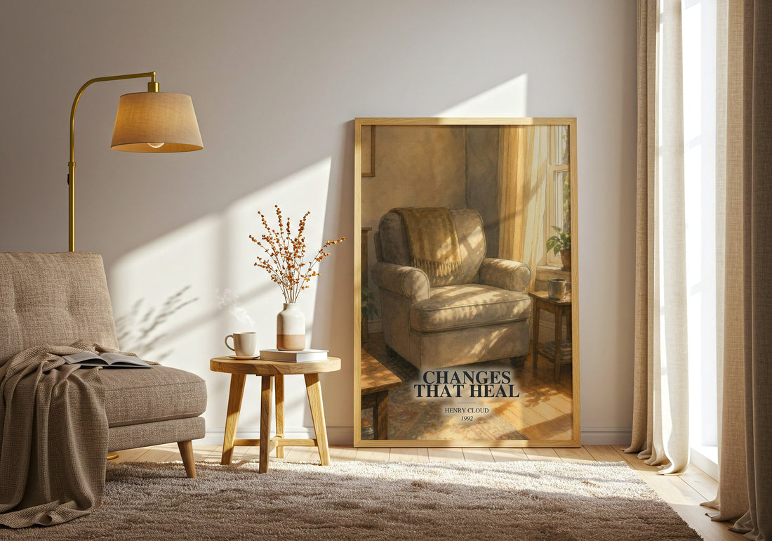 Changes That Heal watercolour print in frame leaning in hallway – non fiction wall art