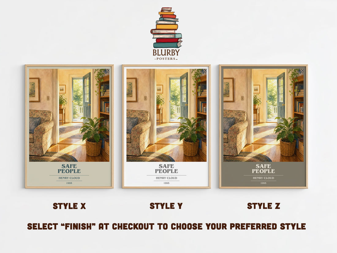 Safe People book cover print in frame leaning in hallway – non fiction wall art (mockup)