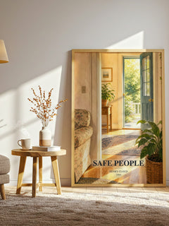 Safe People watercolour print in frame leaning in hallway – non fiction wall art