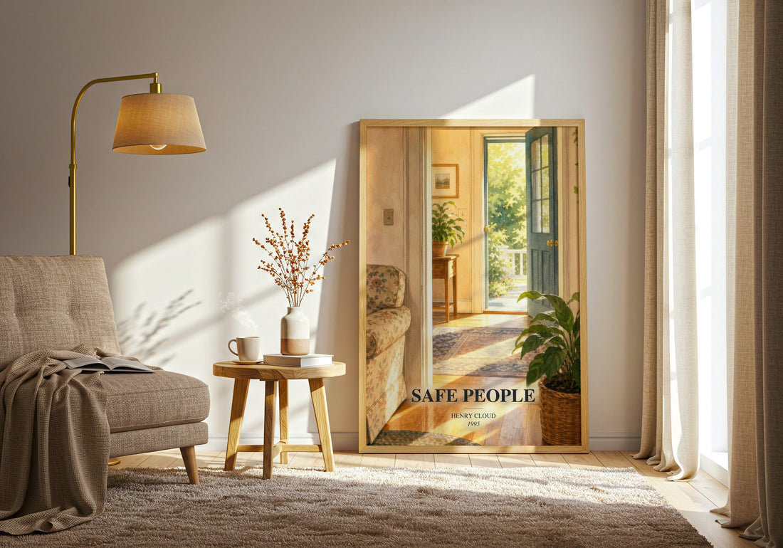 Safe People watercolour print in frame leaning in hallway – non fiction wall art