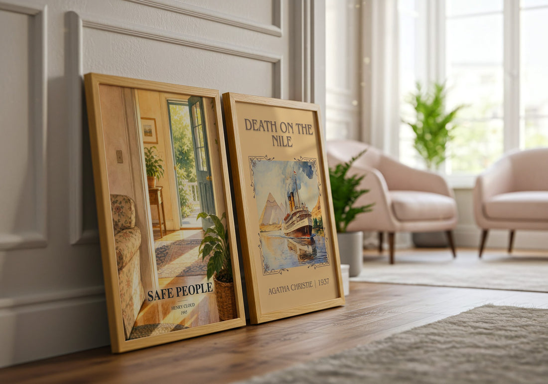 Safe People watercolour print framed by window – literary home decor