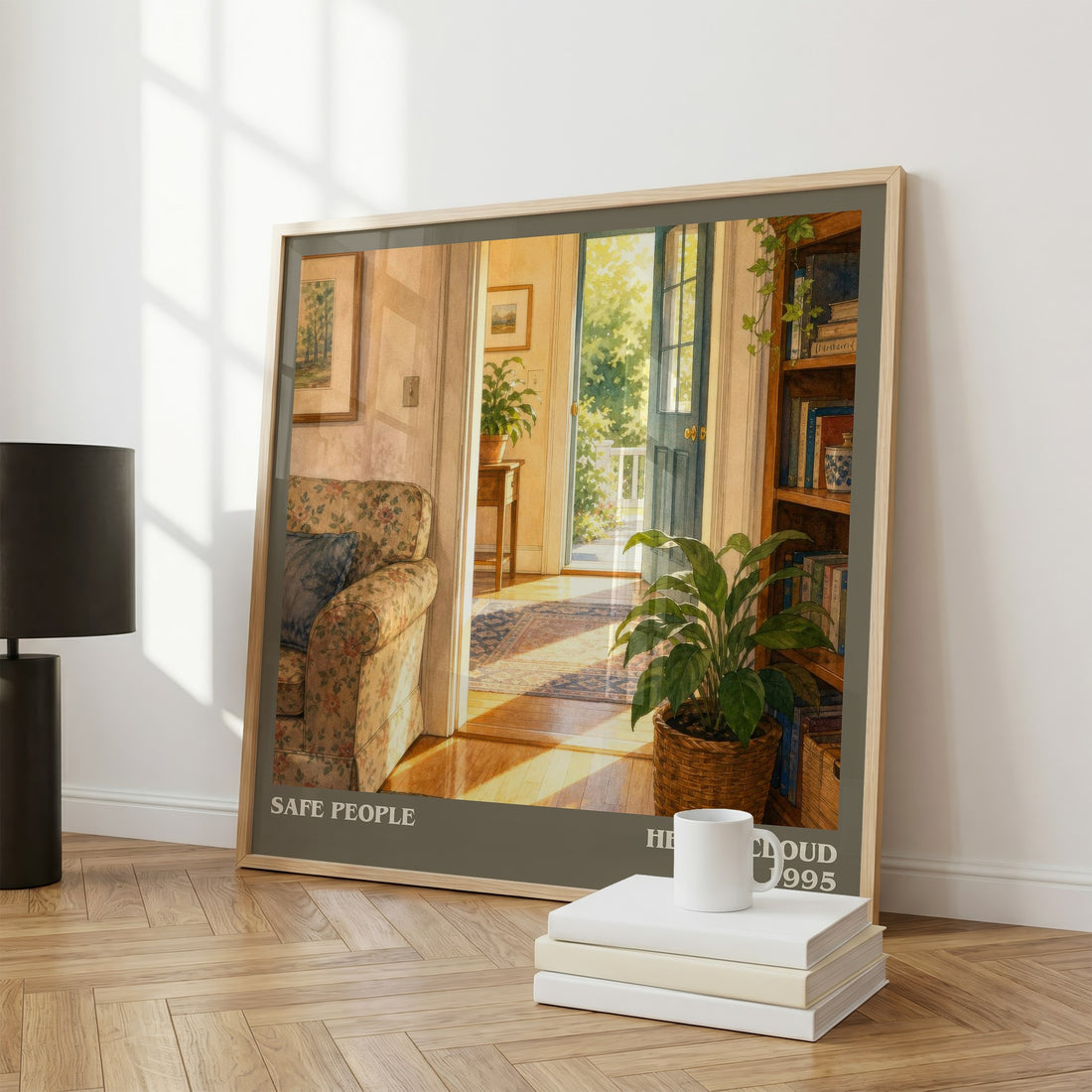 Safe People literary print framed by window – literary home decor