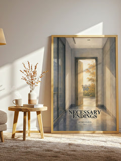Necessary Endings watercolour print in frame leaning in hallway – non fiction wall art