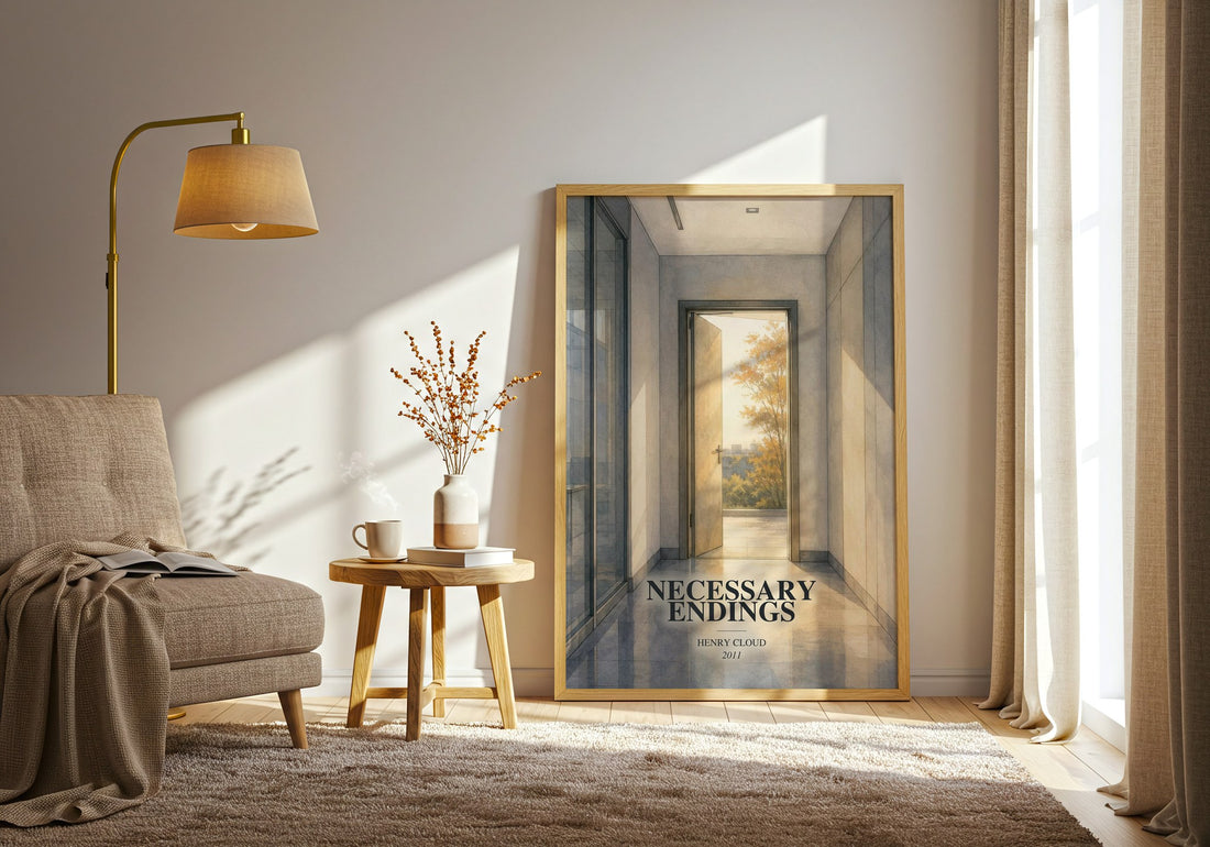 Necessary Endings watercolour print in frame leaning in hallway – non fiction wall art