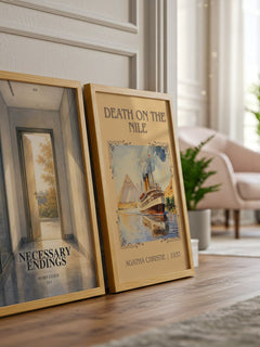 Necessary Endings watercolour print framed by window – literary home decor