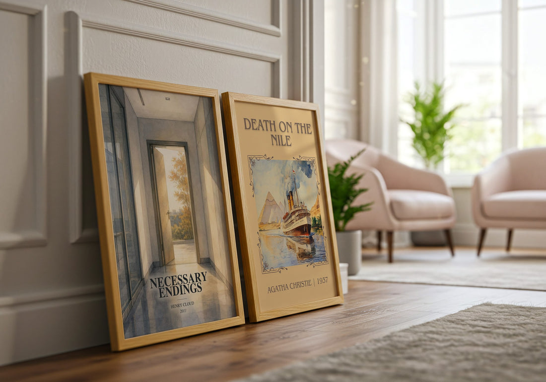 Necessary Endings watercolour print framed by window – literary home decor
