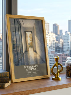 Necessary Endings book cover print framed by window – literary home decor