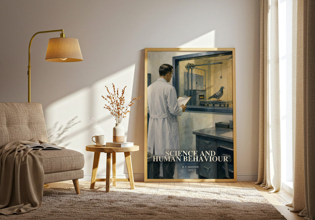 Science and human behaviour watercolour print in frame leaning in hallway – non fiction wall art