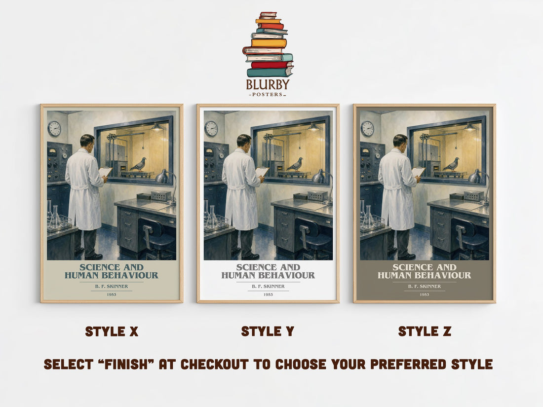 Science and human behaviour book cover print in frame leaning in hallway – non fiction wall art (mockup)