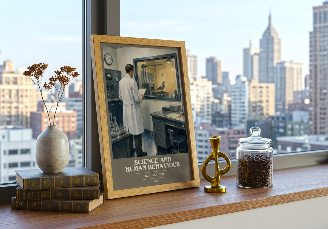 Science and human behaviour Book Cover Poster by B. F. Skinner – framed print on a city-view windowsill