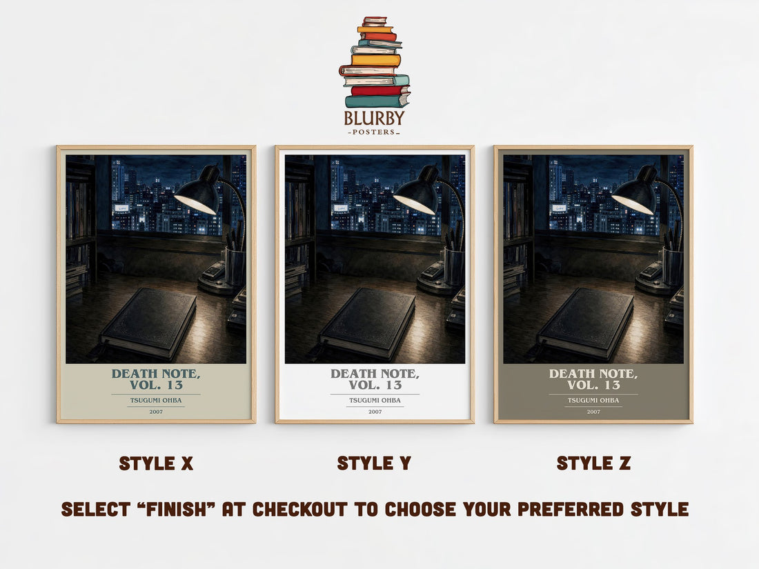Death Note, Vol. 13 book cover print in frame leaning in hallway – thriller wall art (mockup)