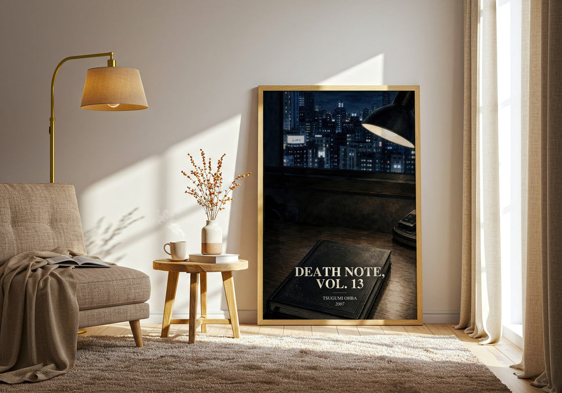 Death Note, Vol. 13 watercolour print in frame leaning in hallway – thriller wall art