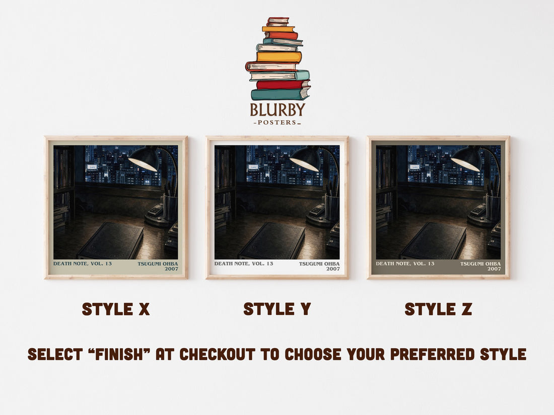 Death Note, Vol. 13 literary print in frame leaning in hallway – thriller wall art (mockup)