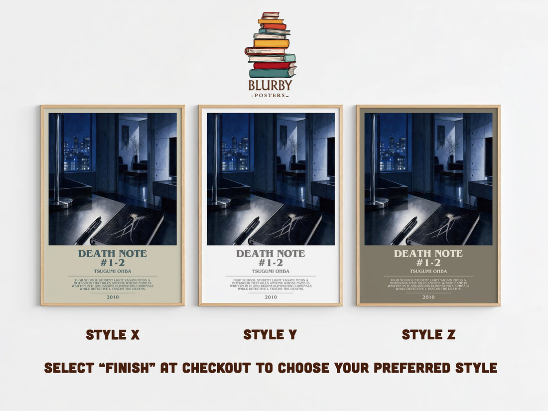 Death Note #1-2 bookish print in frame leaning in hallway – thriller wall art (mockup)